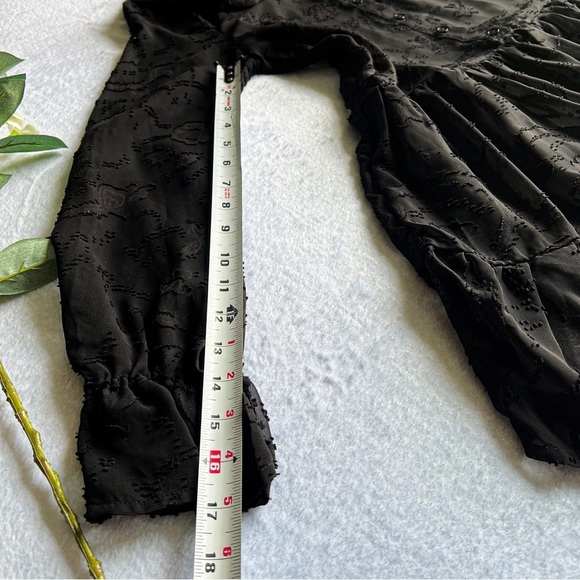 Women’s Black Sheer Embroidered Mini Dress Ruffle Hem Long Sleeve Button Up - Picture 10 of 15